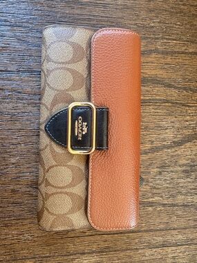 Coach Brown Signature Canvas Wallet with Tan Leather Flap